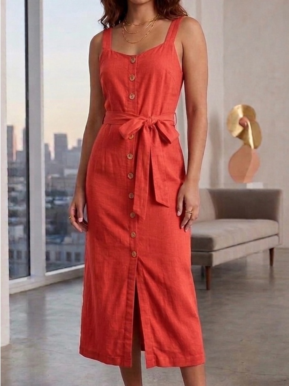 Cotton Candy LA Button Front Midi Dress Coral Linen Blend Summer Size S